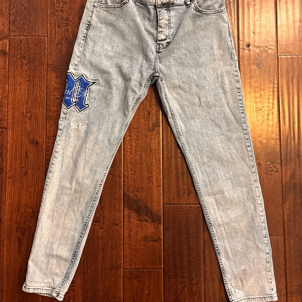 Boohoo Mens Gray Slim Straight Jeans with Blue Patch